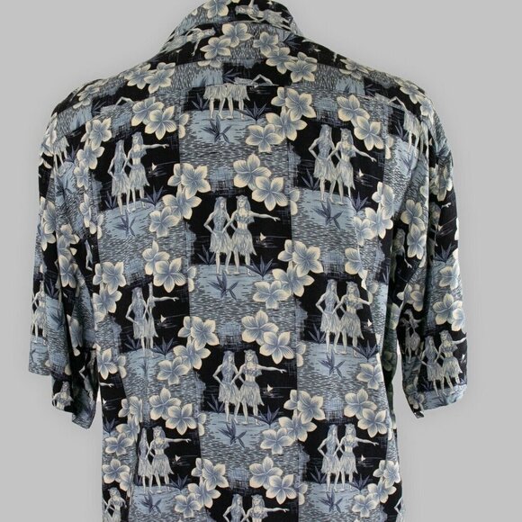 Vintage LORD & TAYLOR Aloha Camp Shirt Mens L Blue Rayon Hawaiian Hula Dancers - Picture 4 of 10